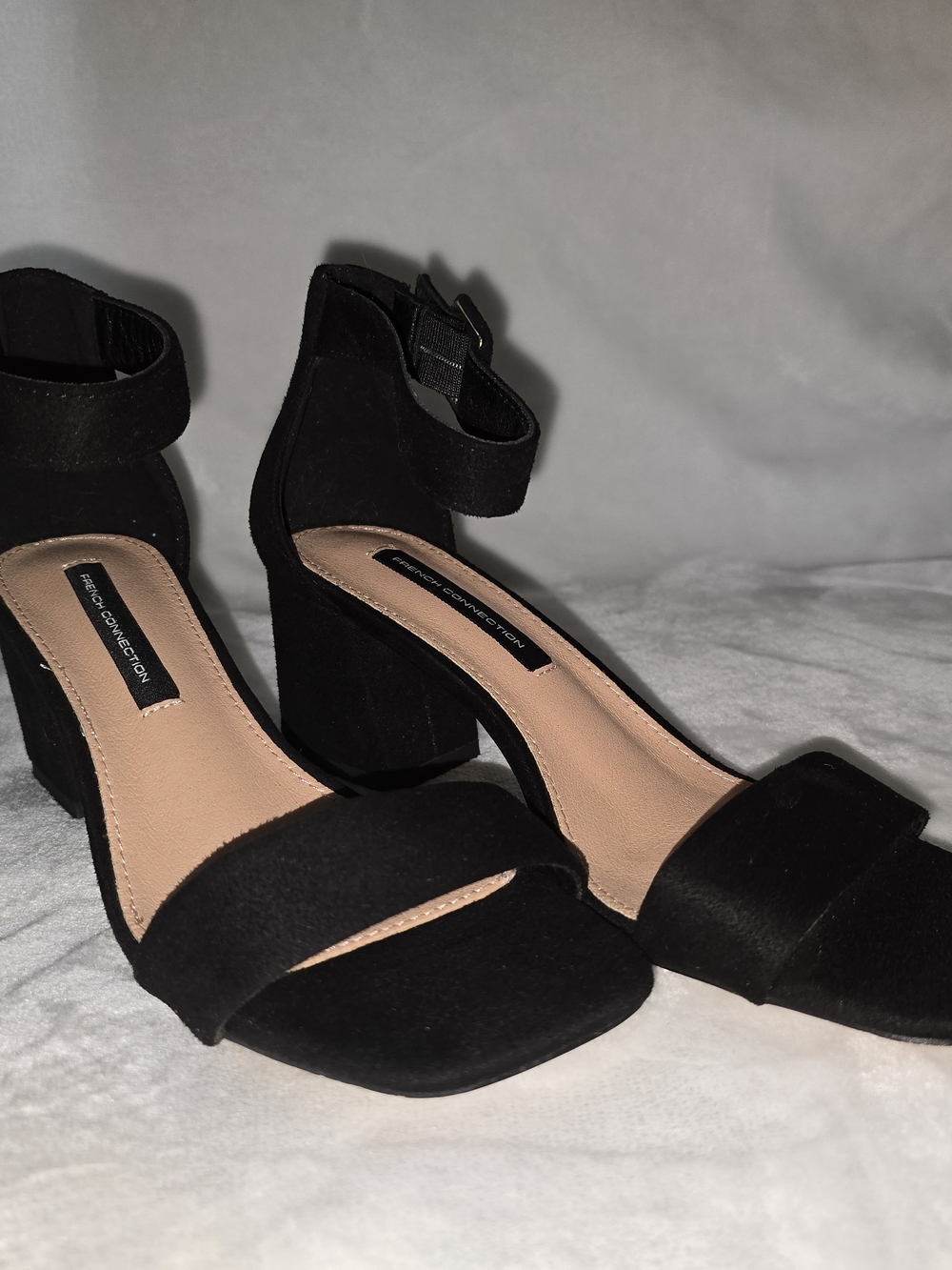 French Connection Black Suede Block Heel Sandals with Ankle Buckle
